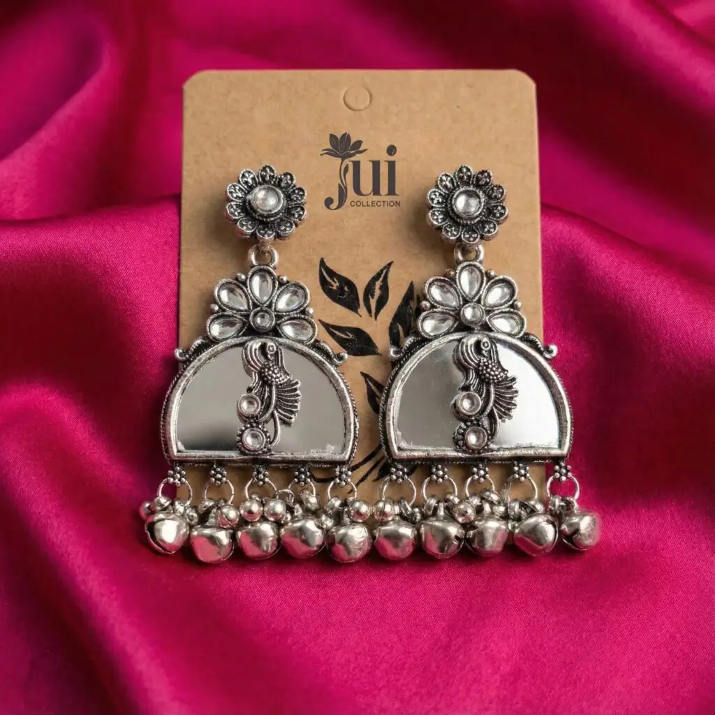 Oxidised Silver Peacock Jhumka-Style Earrings